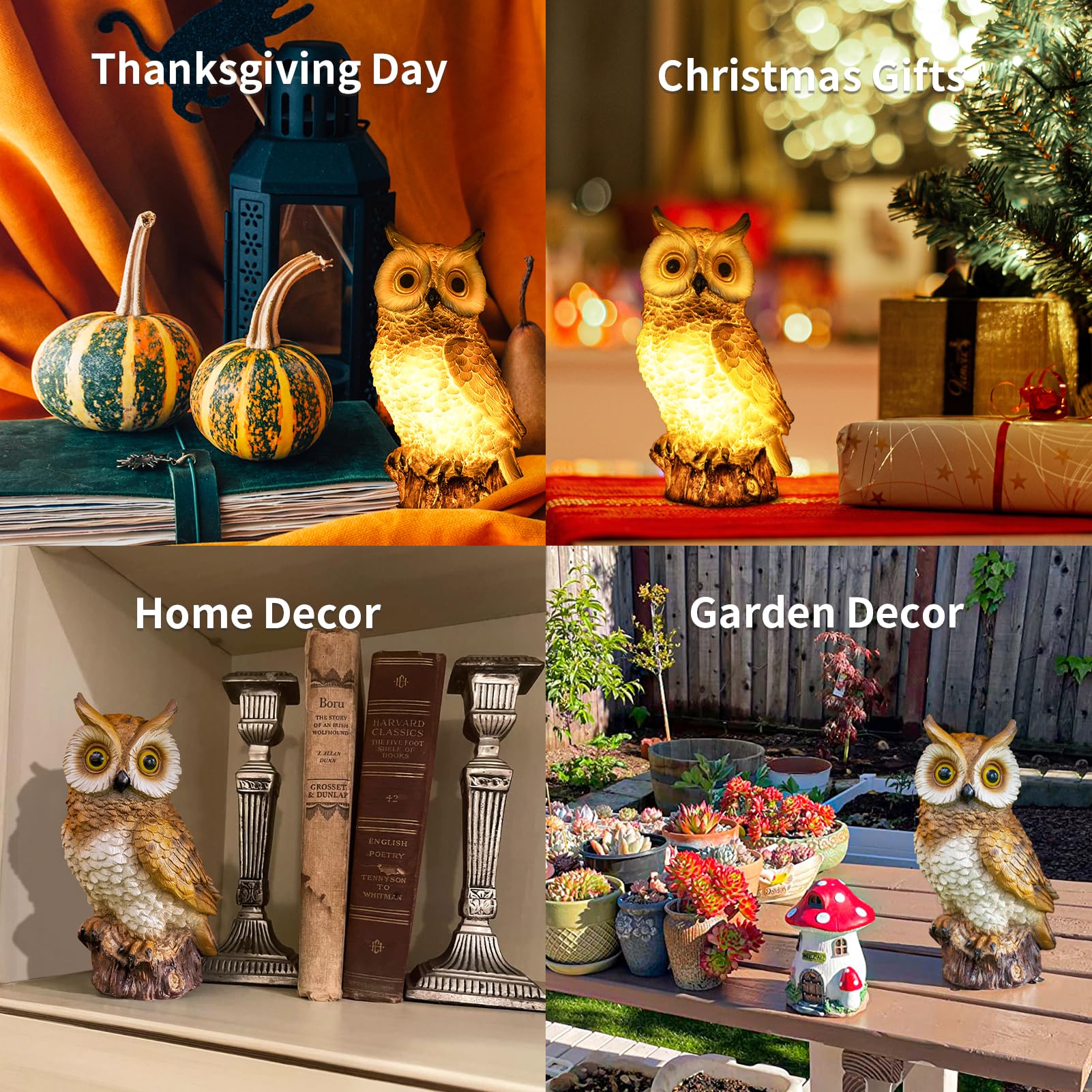 WONDHOME Solar Owl Garden Statues Outdoor Decor Resin Owl Figurine